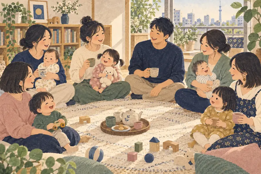 Moms and dads chatting over tea in a living room, babies on their laps