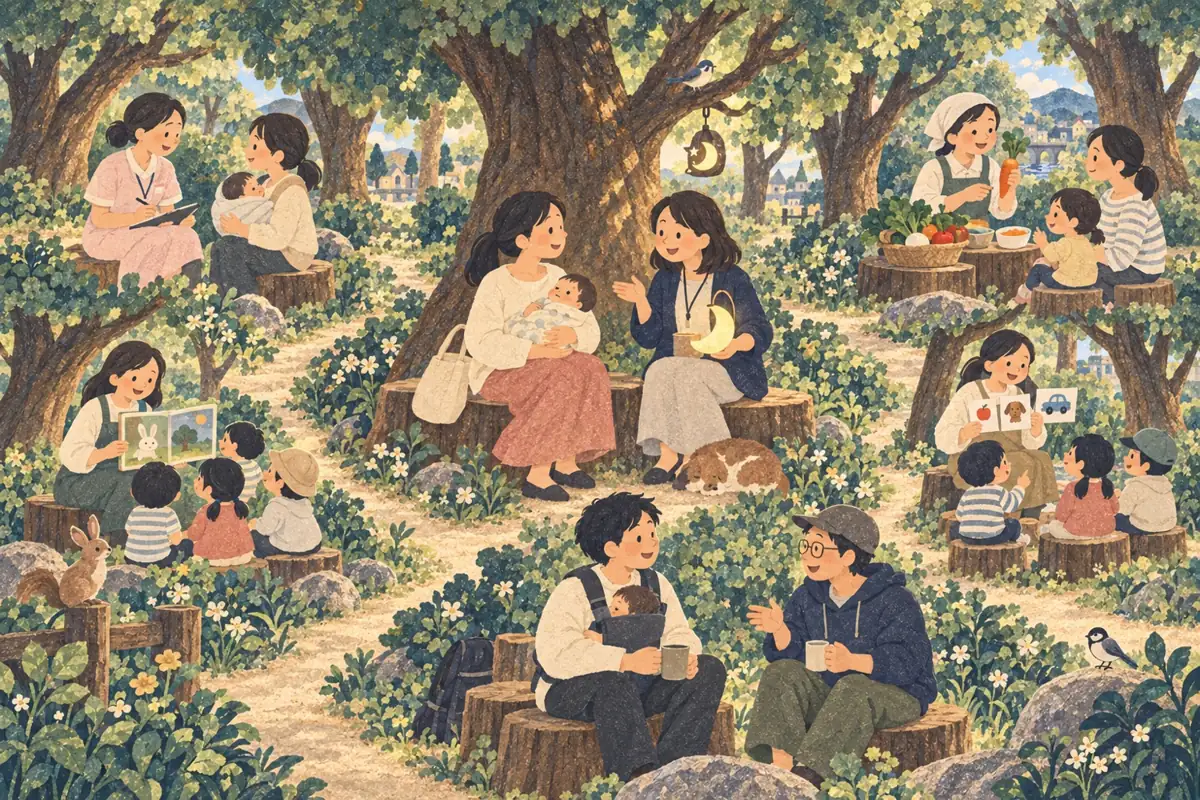 A forest where an expert sits under each tree, helping families