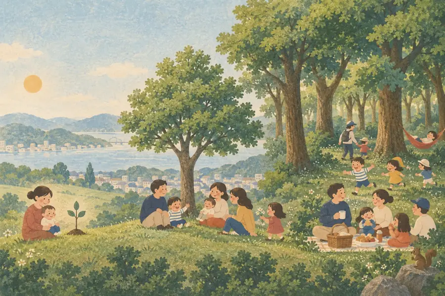 From a small sapling to a forest: families playing on a hillside as children grow
