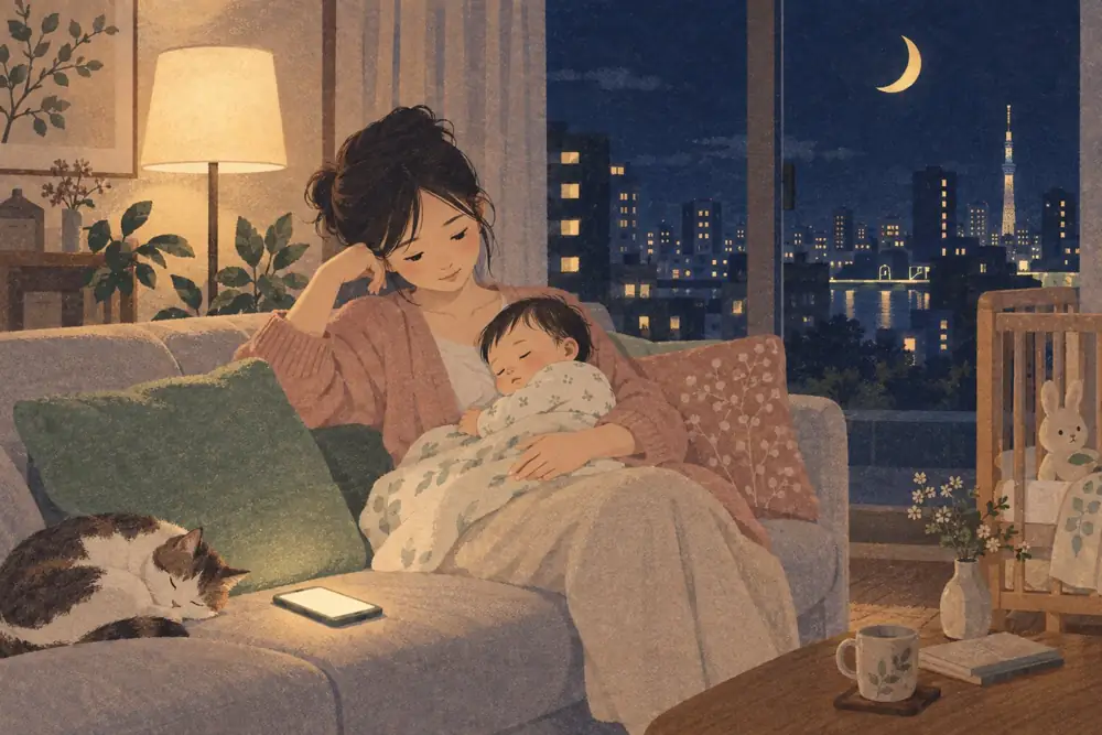 A mom on the sofa late at night, holding her baby
