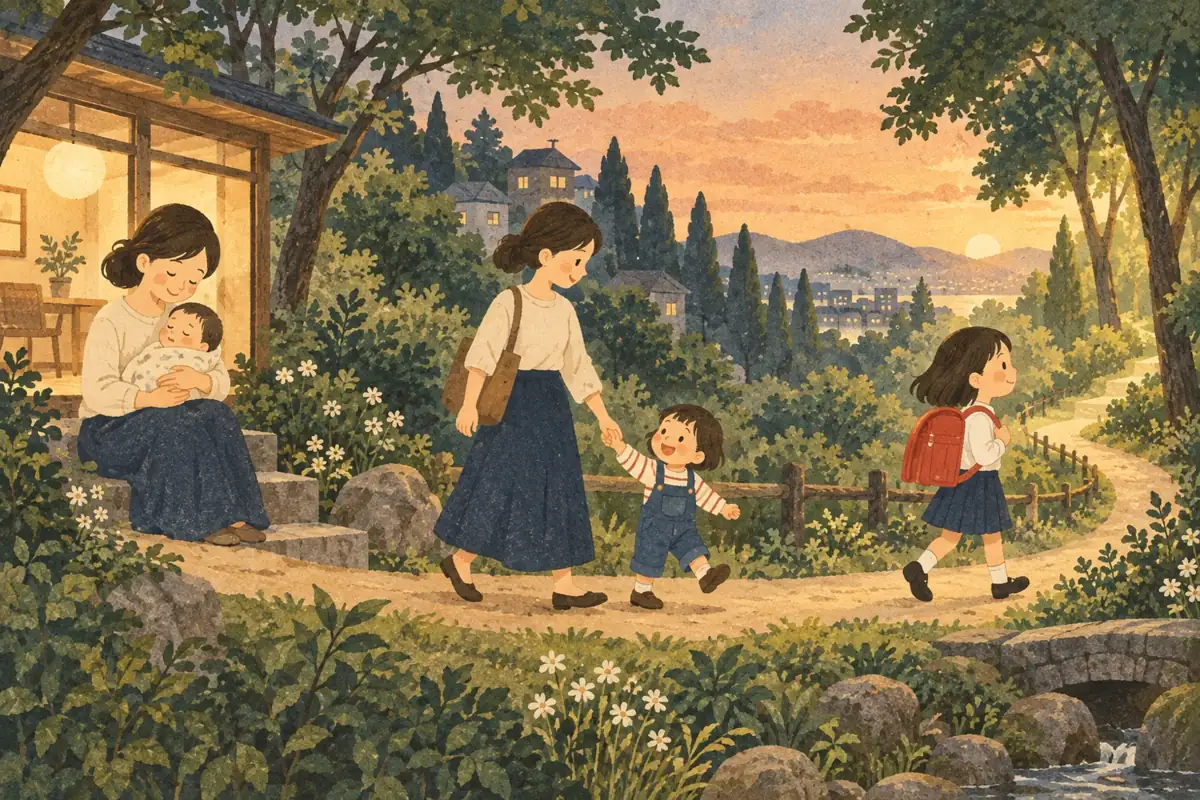Along a forest path, a baby grows into a toddler and then a schoolchild